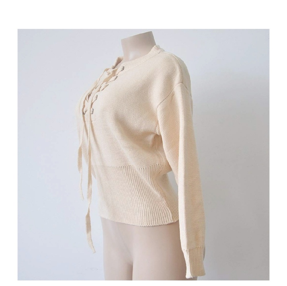 ELEANOR Cream Lace Up Knit Pullover Sweater - Picture 3 of 6